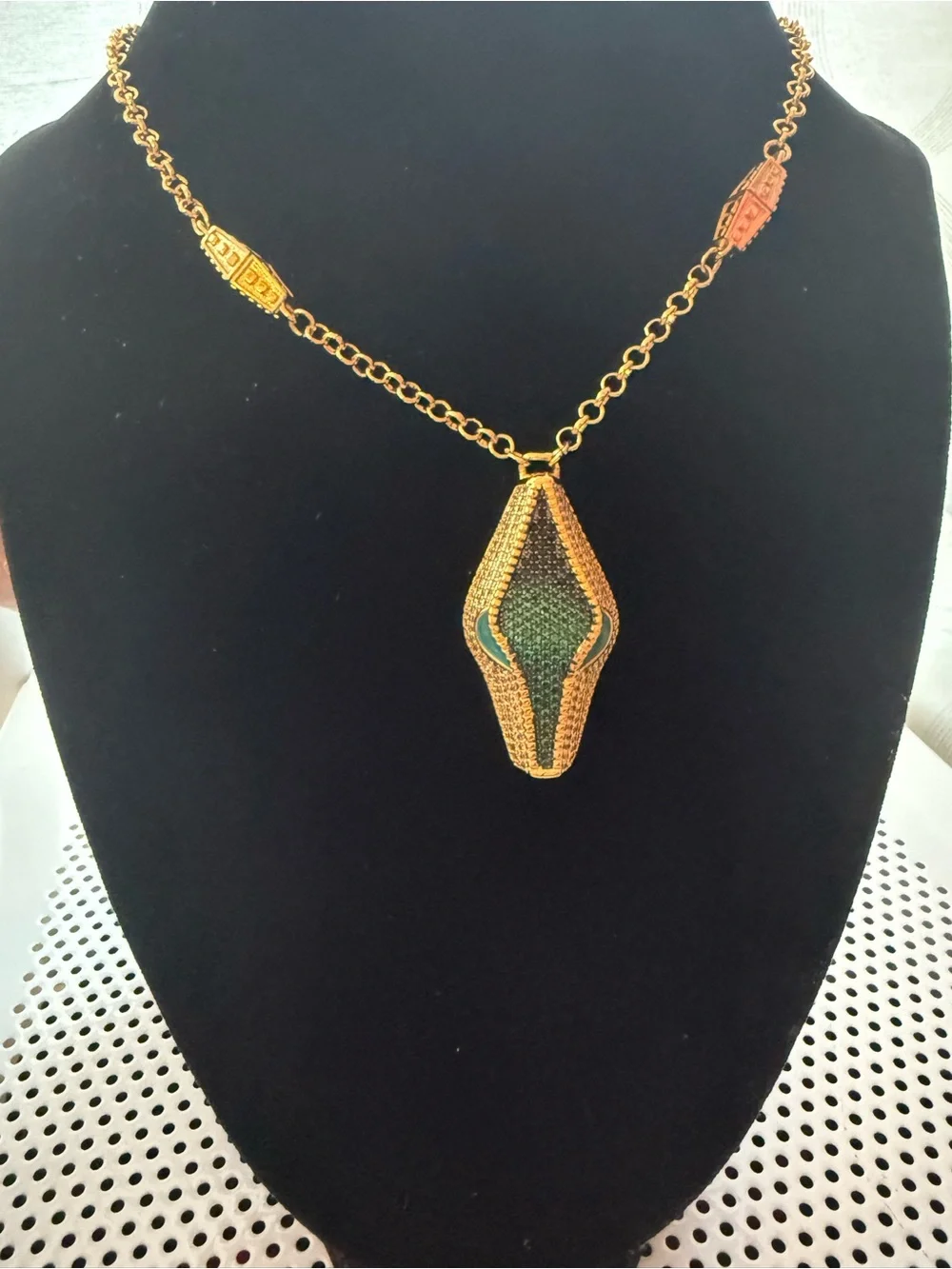 Gold-Tone Pendant Necklace with Green Accent by